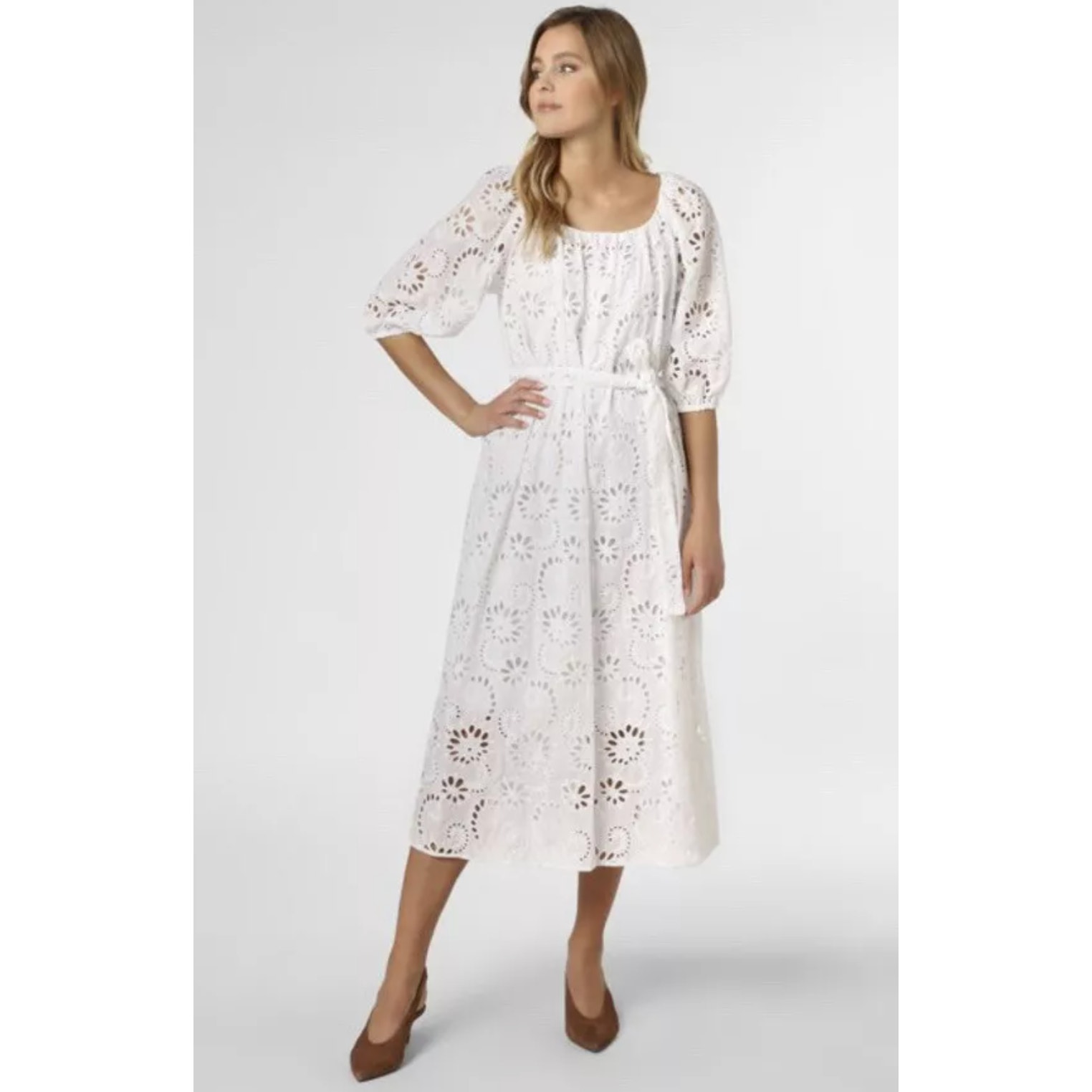 Hugo Boss Dolara Eyelet Dress White Tie Waist Puff Sleeve Size 16 New